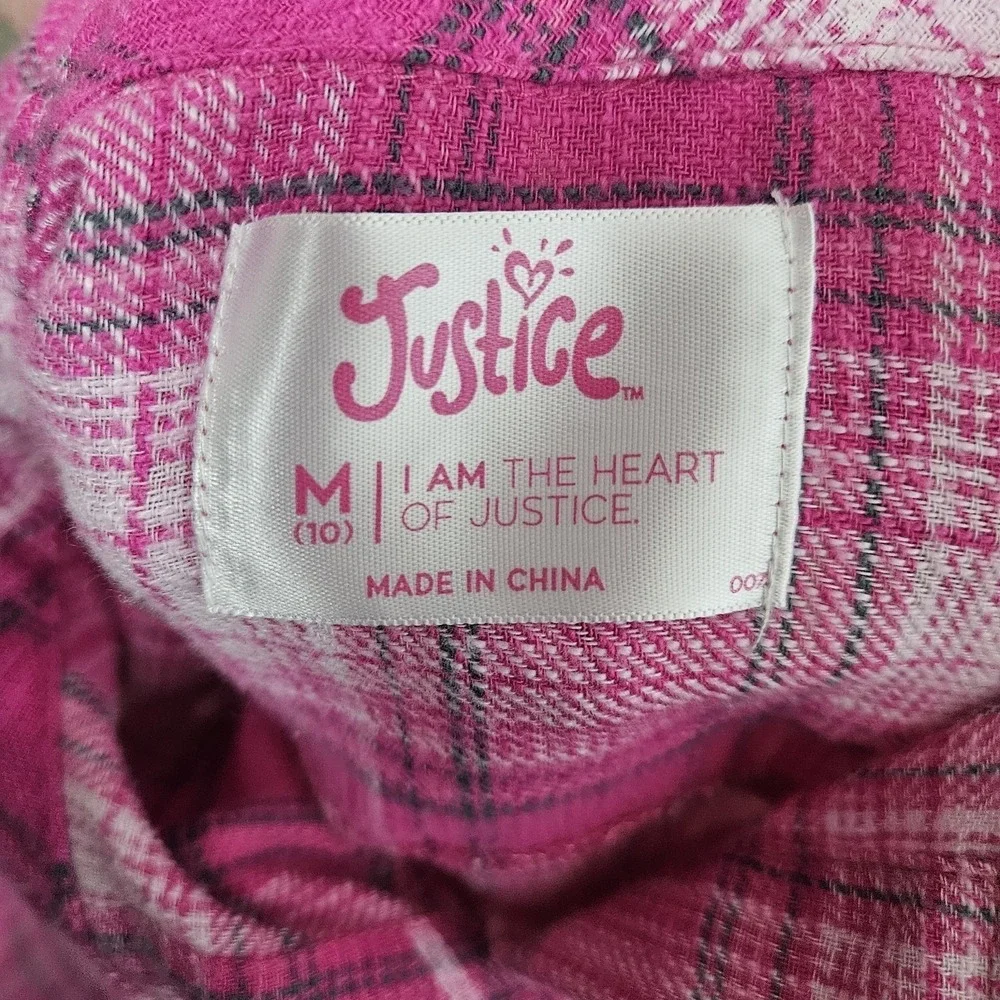 Y2K Justice Flannel Shirt Girls Size 10 Pink Plaid Smiley Face Button Down Retro